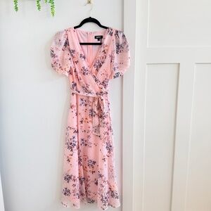 DKNY Feminine Floral Puff Sleeve V-Neck Women's Faux Wrap Tie Midi Dress Size 4